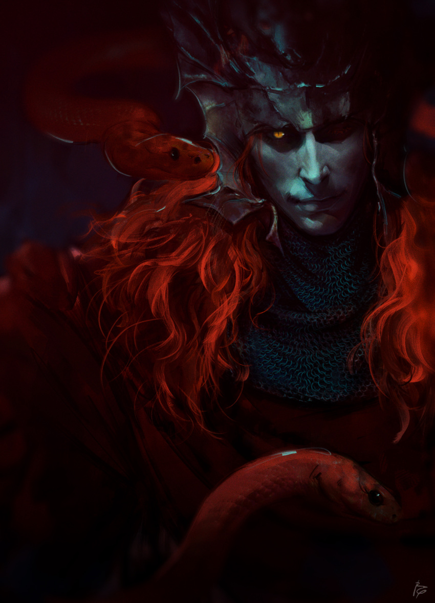 1boy, armor, black_snake, chainmail, close-up, elden_ring, helmet, highres