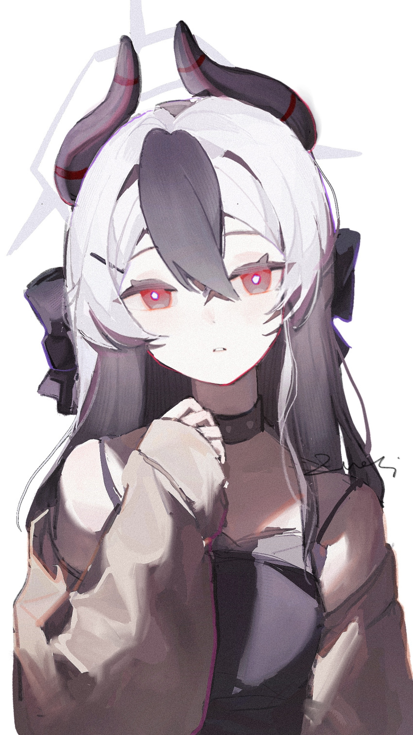 1girl, black_dress, black_hair, black_horns, blue_archive, brown_jacket, demon_horns, dress, ea08zheci, grey_hair, grey_halo, hair_between_eyes, halo, highres, horns, jacket, kayoko_(blue_archive), kayoko_(dress)_(blue_archive), long_hair, long_sleeves, looking_at_viewer, open_clothes, open_jacket, parted_lips, red_eyes, simple_background, solo, upper_body, white_background