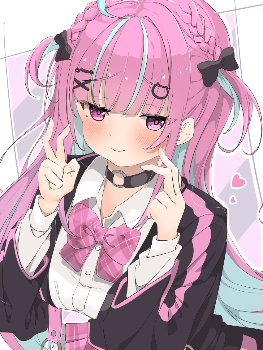 1girl, absurdres, ahoge, bent_v, black_bow, black_jacket, blazer, blue_hair, blush, bow, bowtie, cat_hair_ornament, cat_o-ring, choker, closed_mouth, collared_shirt, colored_inner_hair, commentary, double_v, hair_bow, hair_ornament, heart, highres, hololive, jacket, long_hair, long_sleeves, looking_at_viewer, minato_aqua, minato_aqua_(school_uniform), multicolored_hair, o-ring, o-ring_choker, official_alternate_costume, open_clothes, open_jacket, pink_bow, pink_bowtie, pink_eyes, pink_hair, pink_skirt, plaid, plaid_bow, plaid_bowtie, shirt, skirt, smile, solo, streaked_hair, symbol-only_commentary, two-tone_hair, two_side_up, v, virtual_youtuber, white_shirt, x_hair_ornament, yunon_oto_mad