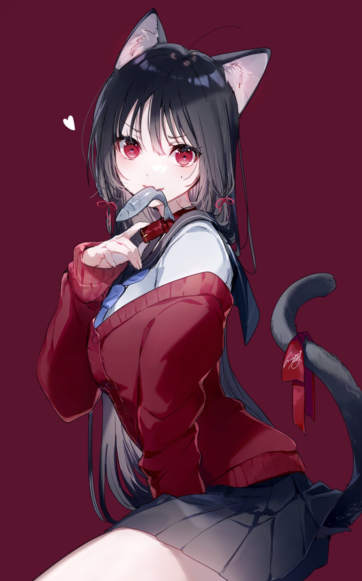 1girl, ahoge, animal_ear_fluff, animal_ears, arched_back, arm_at_side, between_legs, black_hair, black_sailor_collar, black_skirt, blue_necktie, blush, cardigan, cat_day, cat_ears, cat_girl, cat_tail, collar, commentary, cowboy_shot, fang, fish, from_side, hair_ribbon, hand_between_legs, hand_up, heart, highres, kneeling, lifted_by_tail, long_hair, long_sleeves, looking_at_viewer, looking_to_the_side, miniskirt, miwano_rag, mole, mole_under_eye, mouth_hold, necktie, off_shoulder, original, pleated_skirt, purple_background, red_background, red_cardigan, red_eyes, red_ribbon, revision, ribbon, sailor_collar, school_uniform, serafuku, shirt, signature, simple_background, skin_fang, skirt, sleeves_past_wrists, solo, straight_hair, tail, tail_ornament, tail_raised, tail_ribbon, v-shaped_eyebrows, very_long_hair, white_shirt