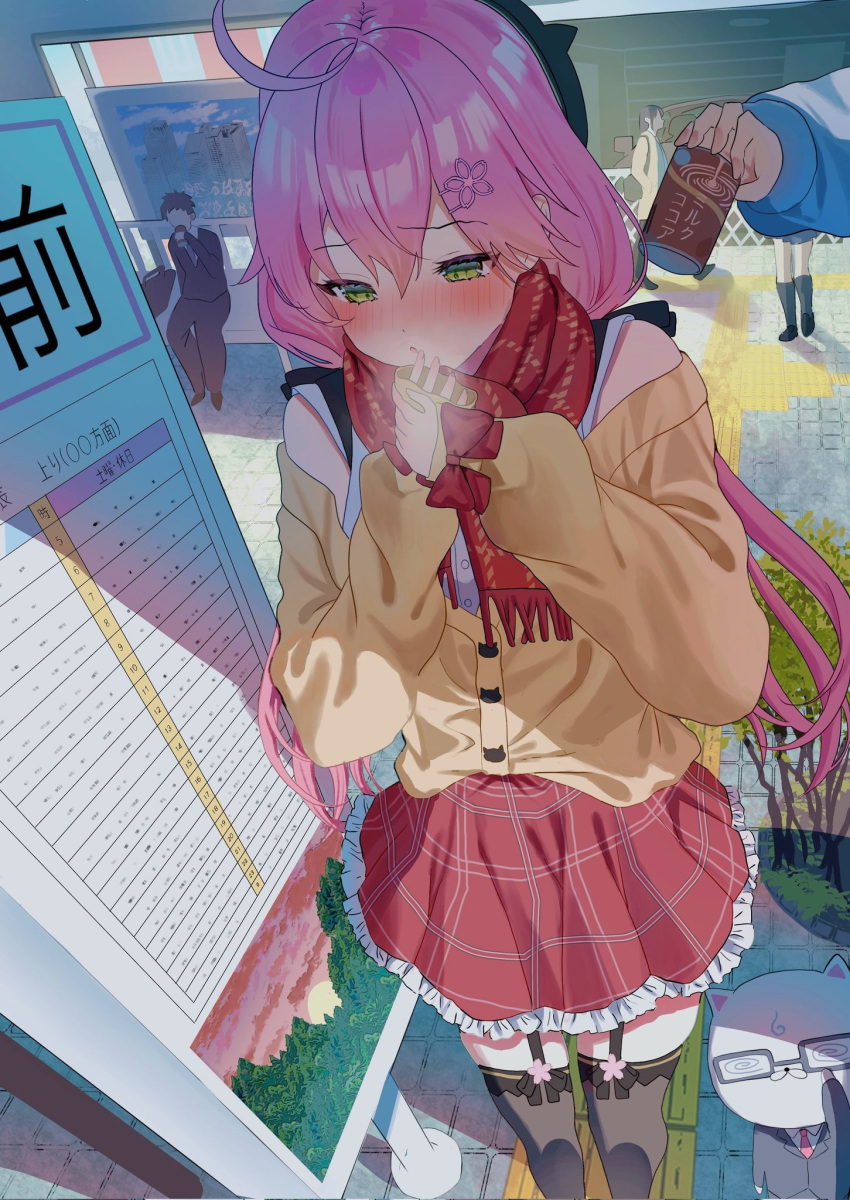 1girl, ahoge, beret, black_headwear, black_thighhighs, blush, breath, can