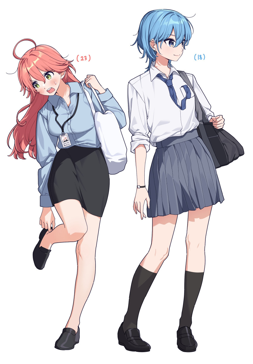 14_(vision5032), 2girls, absurdres, adjusting_clothes, adjusting_shoe, ahoge, bag, black_bag