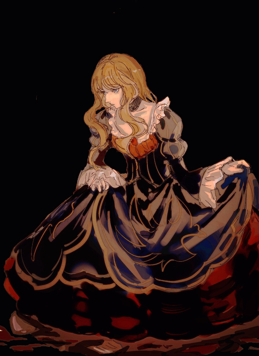 1girl, ashashio, beatrice_(umineko), black_dress, blonde_hair, blue_eyes, choker, dress, frilled_dress, frilled_sleeves, frills, highres, long_hair, simple_background, skirt_hold, solo, umineko_no_naku_koro_ni