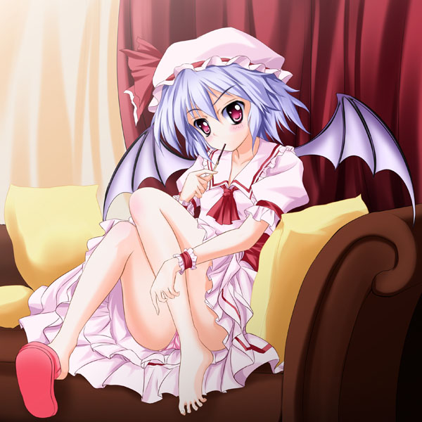 bat_wings, blue_hair, blush, curtains, cushion, feet, hat, indoors