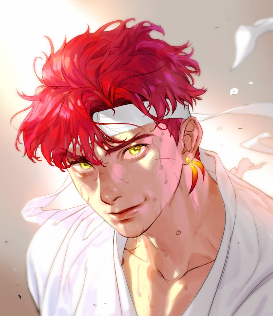 1boy, an_kyoung, closed_mouth, collarbone, dirty, dirty_face, grand_chase, grey_background, headband, jin_(grand_chase), korean_commentary, looking_at_viewer, male_focus, redhead, scar, scar_on_cheek, scar_on_face, short_hair, solo, sweat, thick_eyebrows, white_headband, yellow_eyes