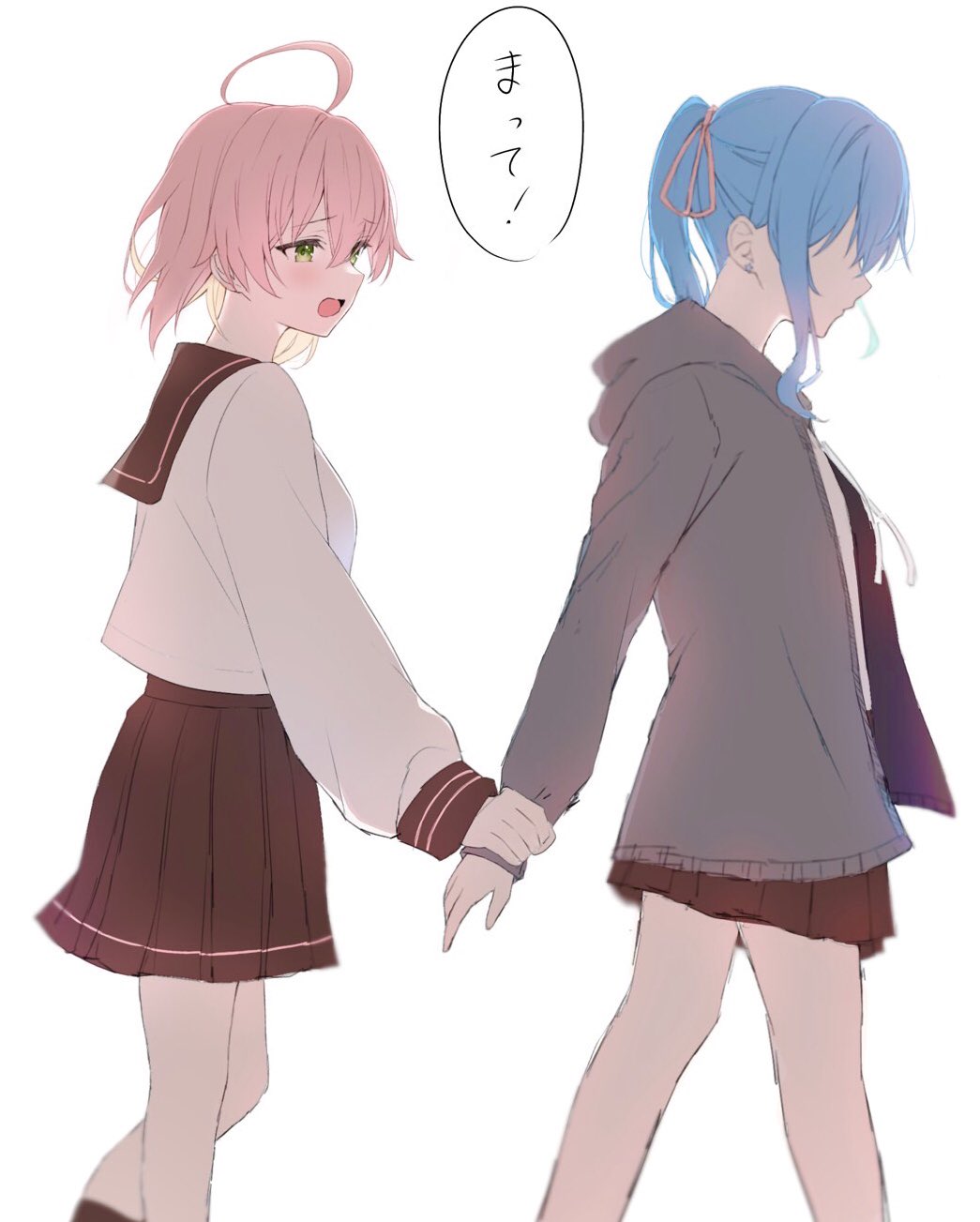 2girls, ahoge, alternate_hair_length, alternate_hairstyle, black_skirt, blue_hair, commentary, covered_eyes