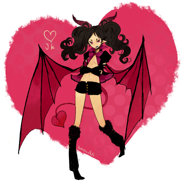 boots, bow, crossed_arms, demon_girl, gloves, heart, horns, l_hakase, long_hair, magicaloss, midriff, pointy_ears, purple_eyes, short_shorts, shorts, solo, succubus, tail, twintails, violet_eyes, wings