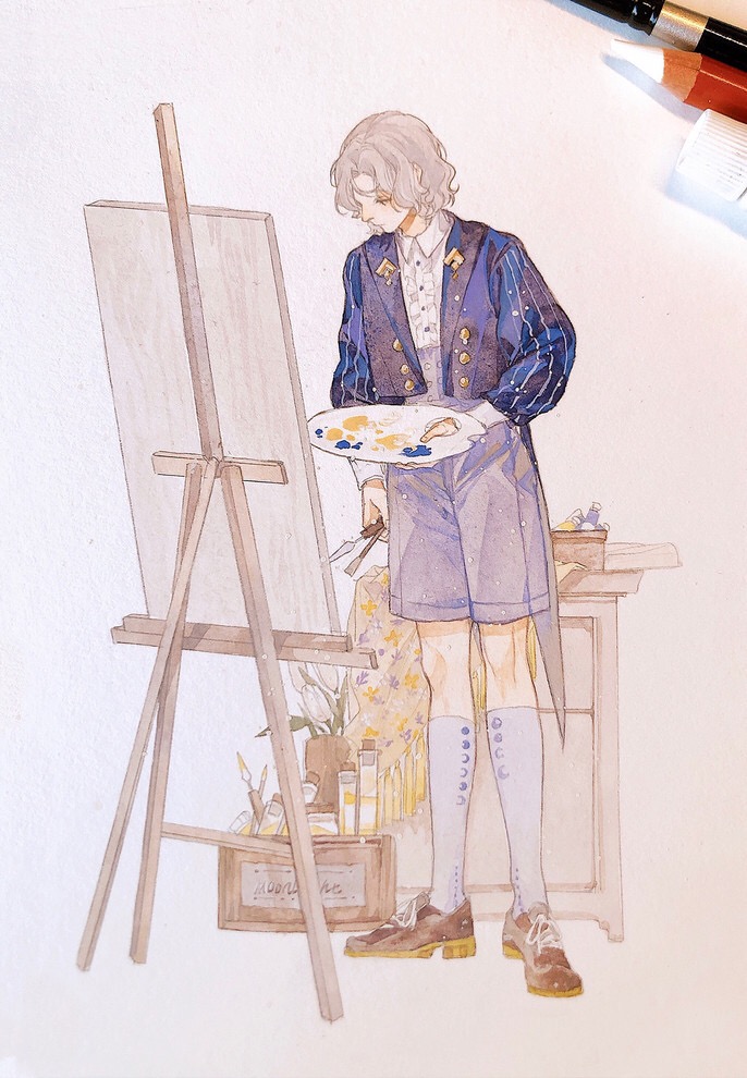 1boy, art_tools_in_frame, blue_jacket, box, brown_footwear, buttons, canvas_(object), chinese_commentary