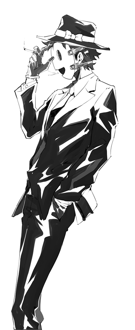 1boy, bow, chinese_commentary, cigarette, from_side, gloves, grey_hair, hand_in_pocket