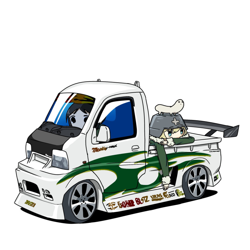 2girls, chito_(shoujo_shuumatsu_ryokou), creature_on_head, driving, duz, english_commentary, fur-trimmed_jacket, fur_trim