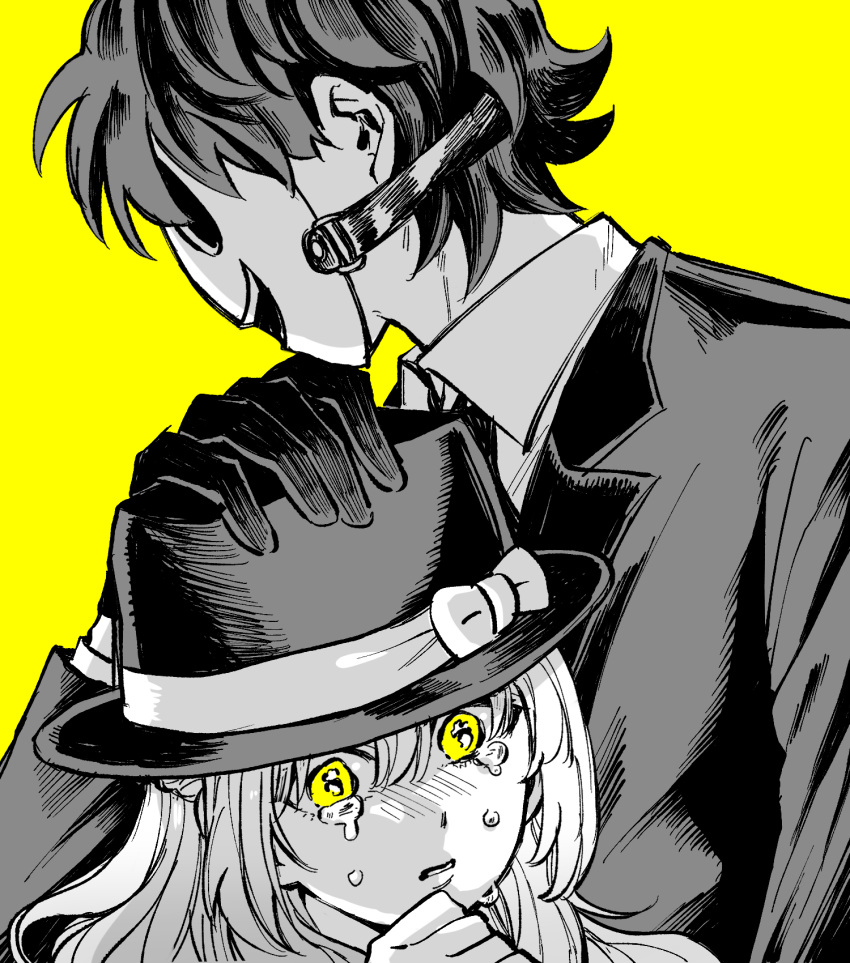 1boy, 1girl, collared_shirt, crying, crying_with_eyes_open, gloves, greyscale, greyscale_with_colored_background