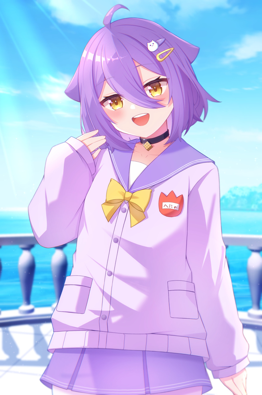 1girl, absurdres, black_choker, blue_sky, blush, choker, clouds, gradient_hair