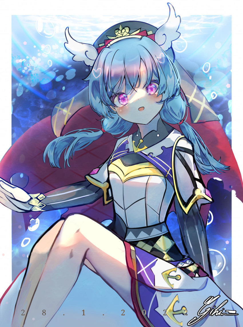 anchor_symbol, aqua_background, armor, blue_hair, blush, bubble, chest_armor, gihikioku