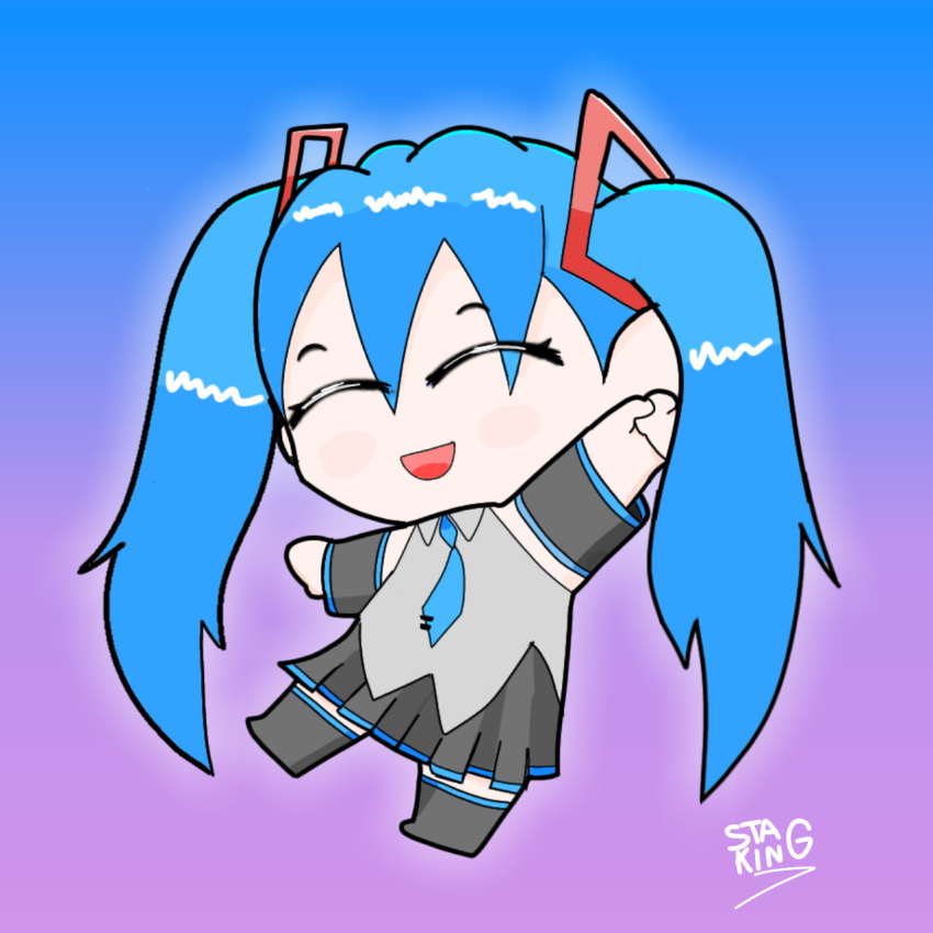 2d, blue_hair, blue_tie, closed_eyes, hatsune_miku, minigirl, stagking, vocaloid