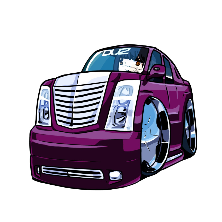 1girl, artist_name, black_hair, cadillac, cadillac_escalade, car, chainsaw_man, chibi, duz, english_commentary, highres, looking_at_viewer, midnight_club_(game_series), midnight_club_3, motor_vehicle, orange_eyes, scar, scar_on_face, simple_background, smile, solo, sports_utility_vehicle, vehicle_focus, white_background, yoru_(chainsaw_man)
