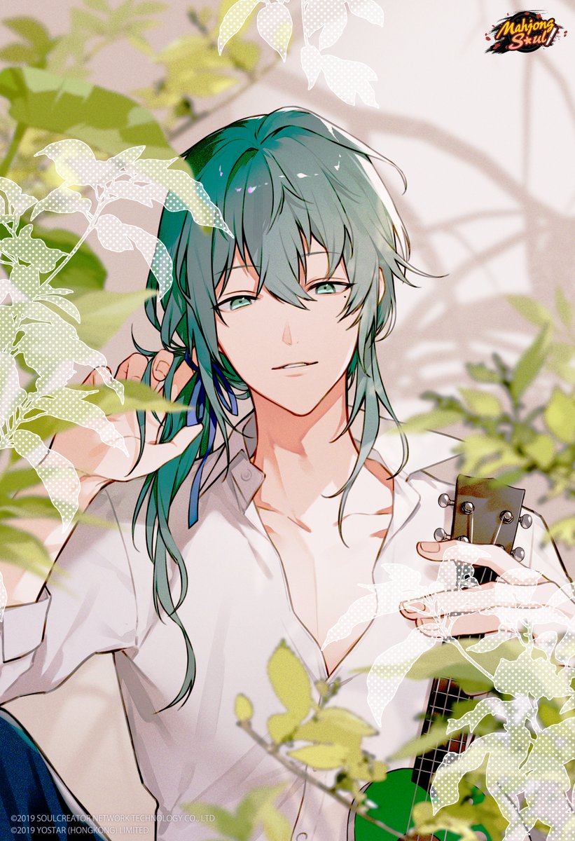 1boy, aqua_eyes, aqua_hair, blurry, collared_shirt, depth_of_field, hair_between_eyes, highres, holding, holding_instrument, instrument, kurage_ichi, leaf, logo, long_hair, mahjong_soul, male_focus, official_art, official_wallpaper, ponytail, sammir_(mahjong_soul), shirt, solo, ukulele, white_shirt