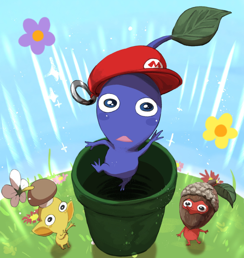 acorn, black_eyes, blue_eyes, blue_pikmin, blue_skin, blue_sky, blush_stickers, cabbie_hat