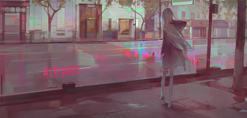 1girl, black_hood, black_jacket, black_sleeves, check_copyright, cityscape, commentary_request, copyright_request