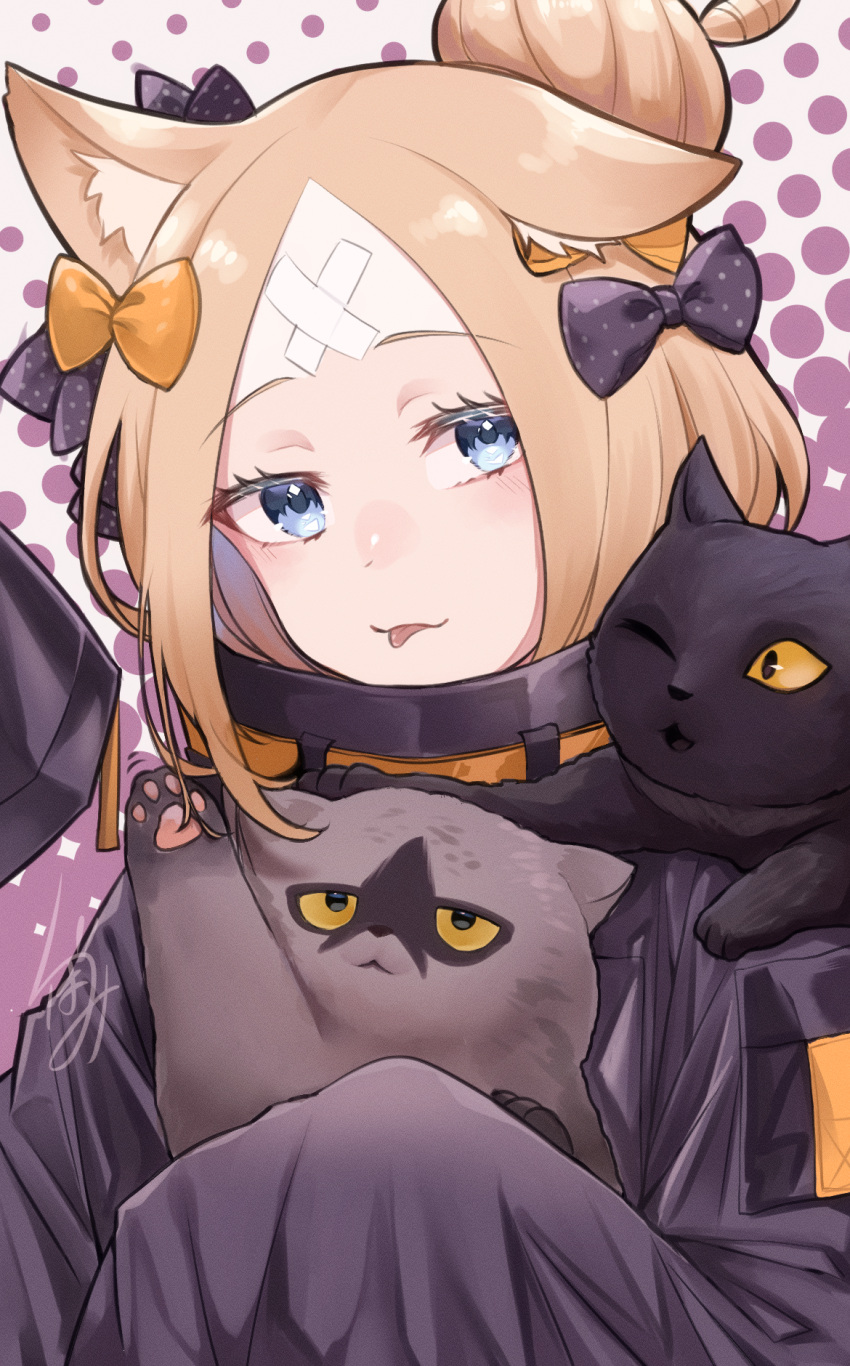 1girl, abigail_williams_(fate), abigail_williams_(traveling_outfit)_(fate), animal_ears, bandaid, bandaid_on_face, bandaid_on_forehead, belt