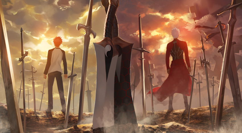 2boys, archer_(fate), clouds, cloudy_sky, coat, dark-skinned_male, dark_skin, emiya_shirou