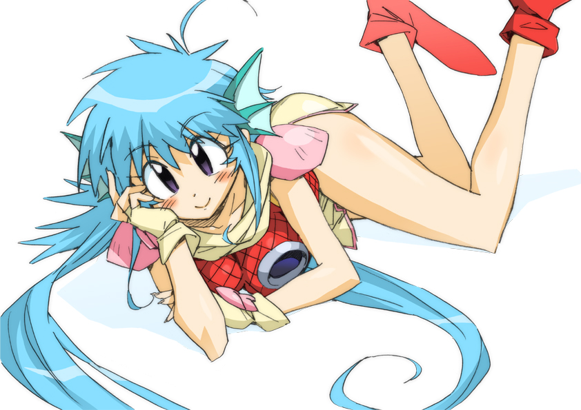 blue_hair, blush, boots, chin_rest, head_fins, k.o._century_beast_warriors, katou_haruaki, long_hair