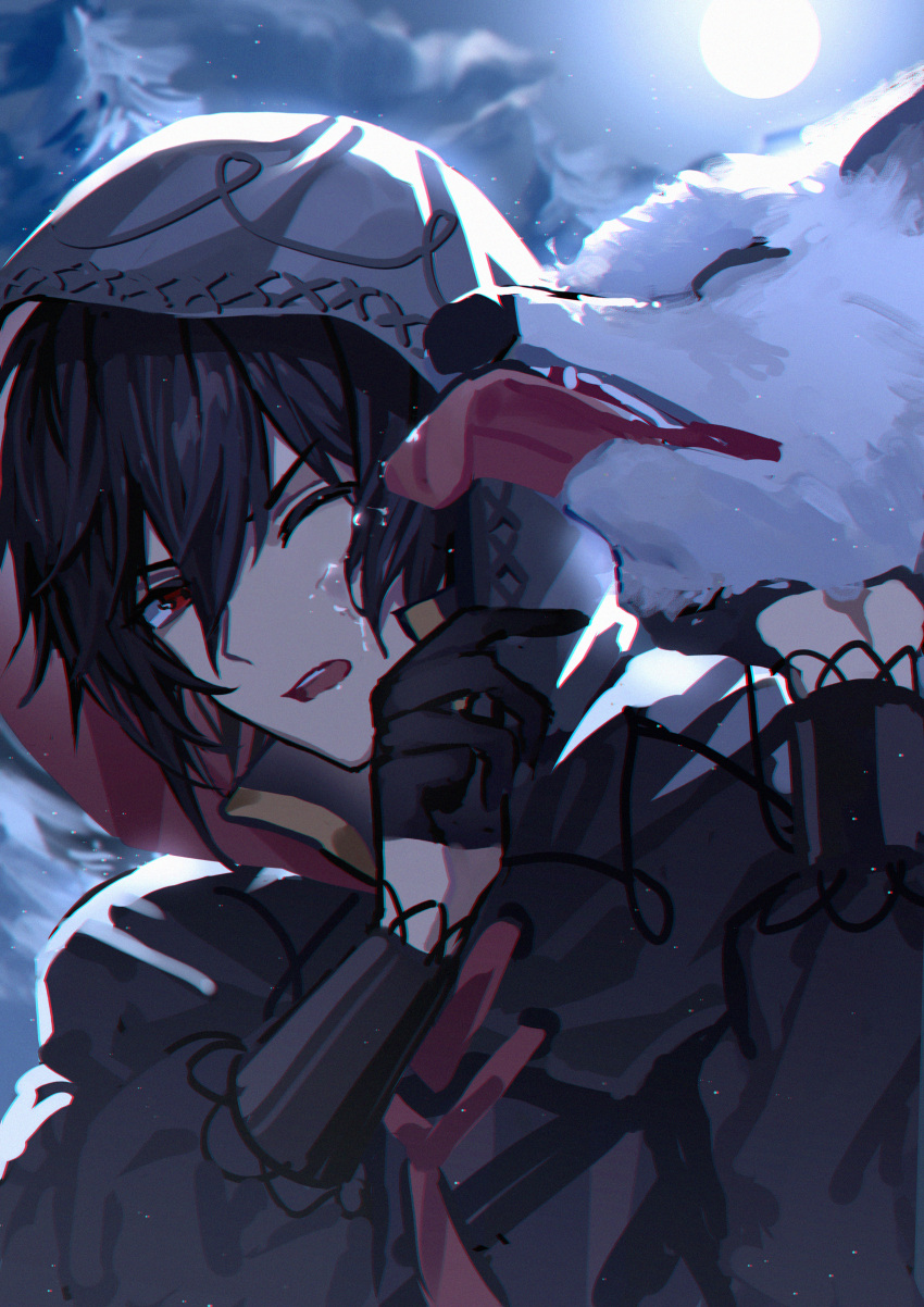 1boy, ;o, absurdres, ayn_alwyn, black_cloak, black_gloves, black_hair, cloak