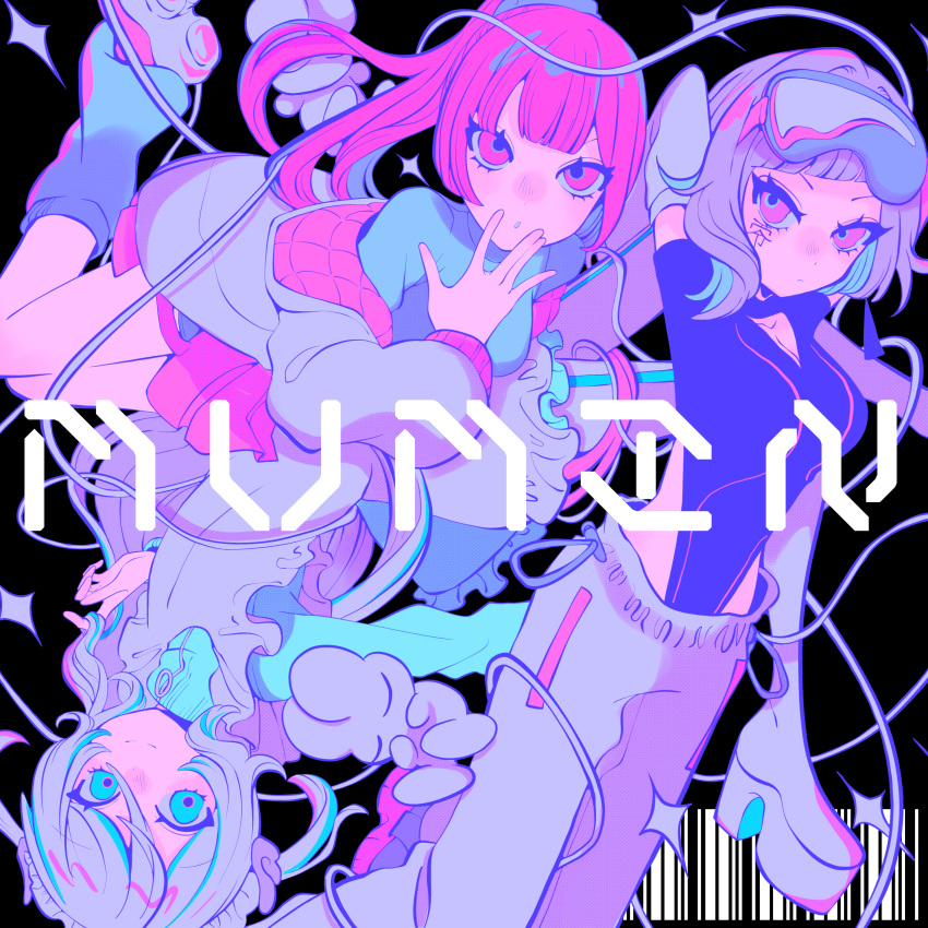 3girls, absurdres, album_cover, apron, arm_up, barcode, black_background, blue_eyes