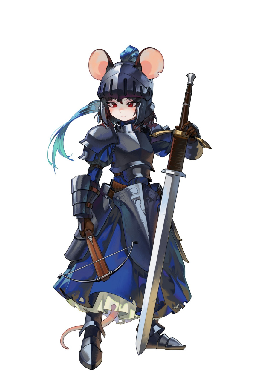 1girl, animal_ears, armor, armored_dress, black_hair, blue_hair, crossbow, dress