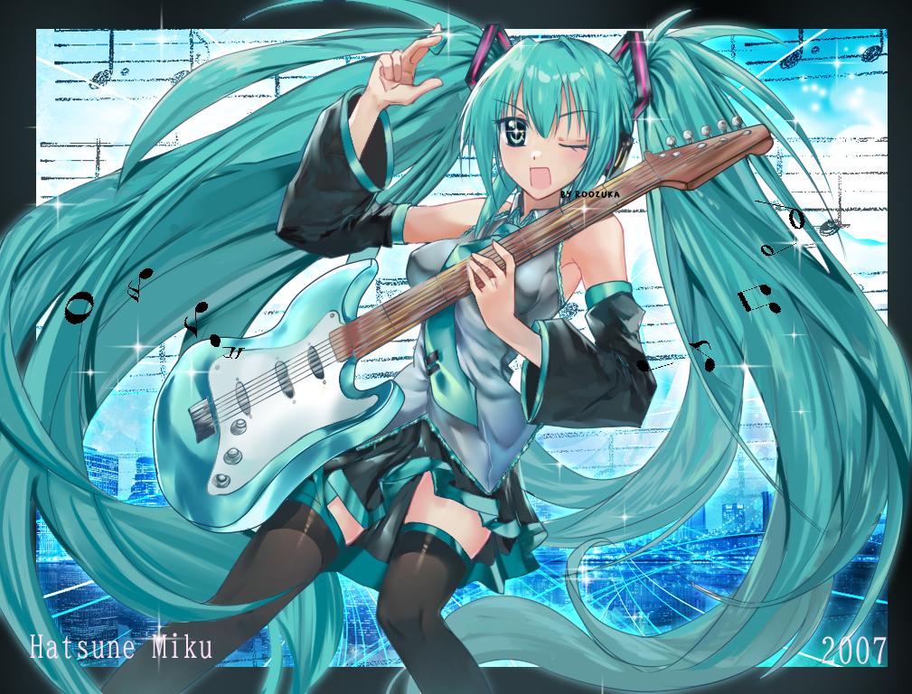 1girl, aqua_eyes, aqua_hair, aqua_necktie, bare_shoulders, black_skirt, black_sleeves, breasts