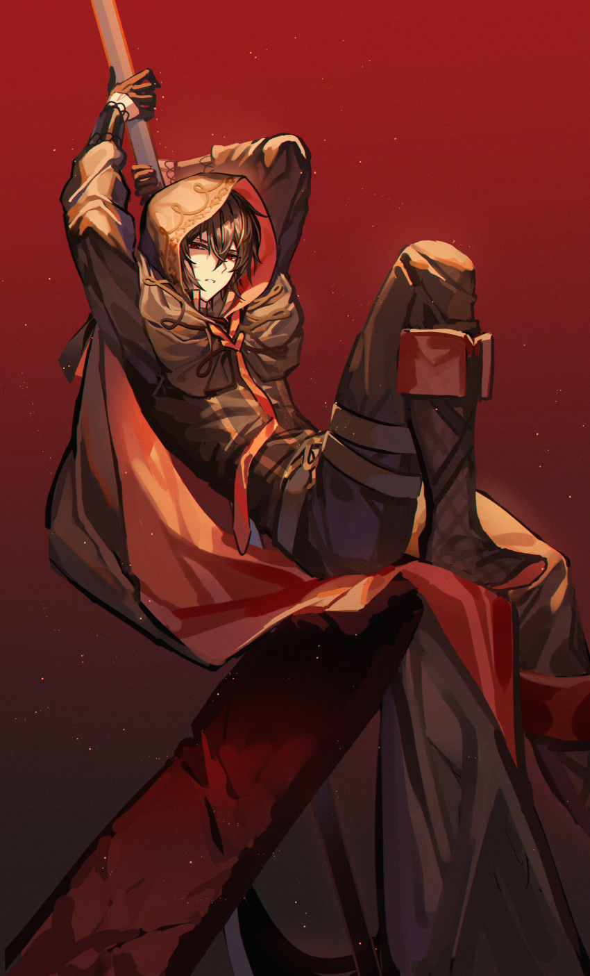 1boy, absurdres, arms_up, axe, ayn_alwyn, battle_axe, black_choker, black_cloak