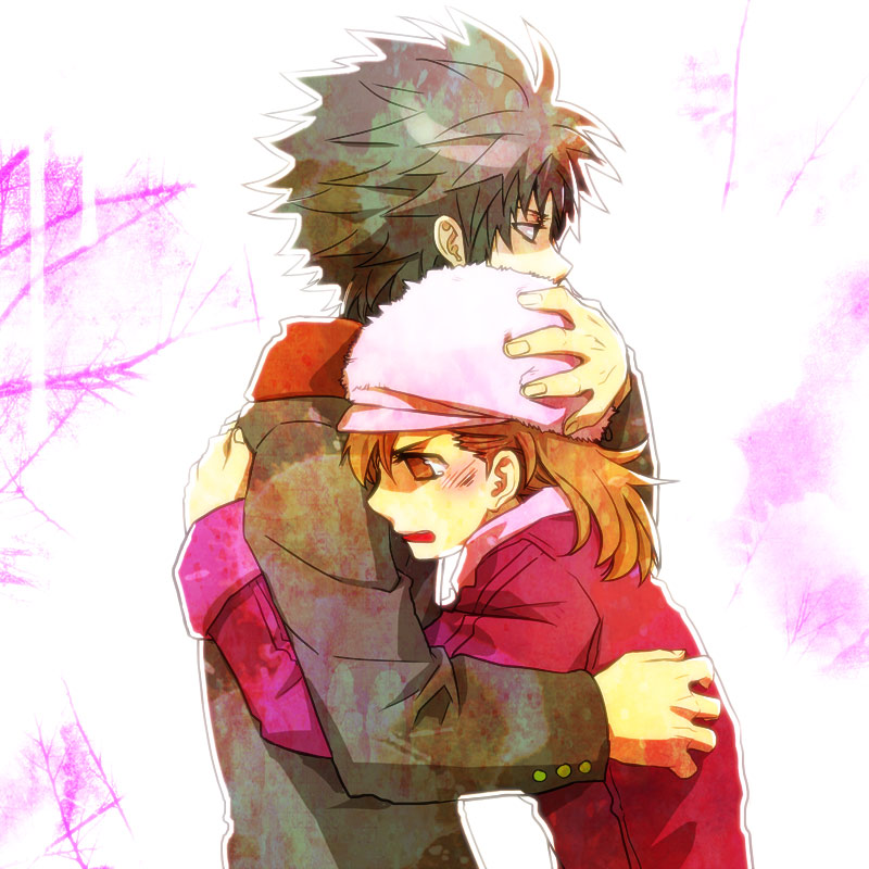 brown_hair, coat, fur_hat, hand_on_head, hat, hug, kamijou_touma, misaka_mikoto