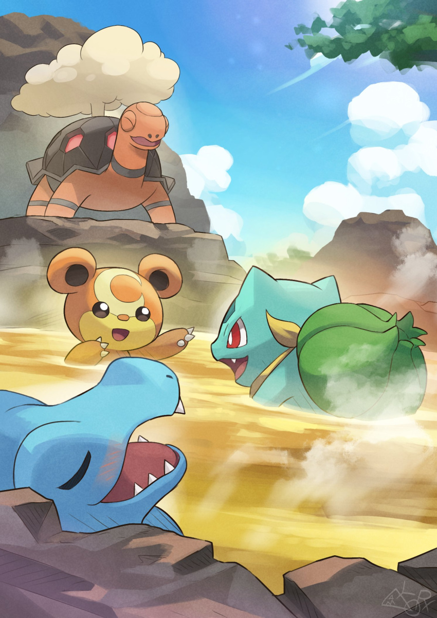 animal_focus, blue_skin, blue_sky, blush, bright_pupils, bulbasaur, claws, closed_eyes