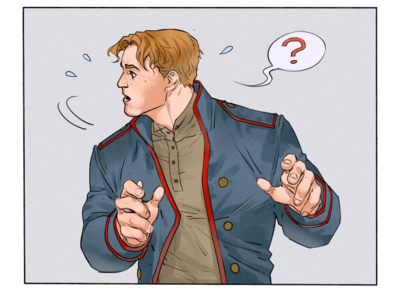 1boy, ?, blonde_hair, blue_jacket, flying_sweatdrops, freckles, grey_background, jacket