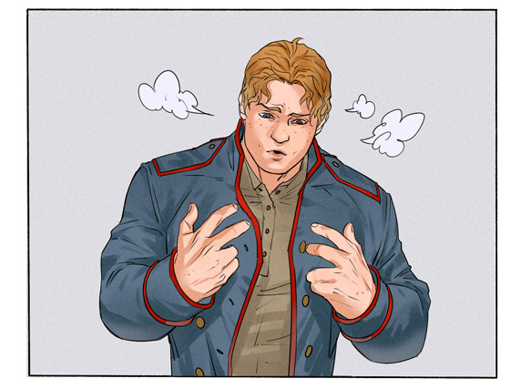1boy, blonde_hair, blue_jacket, freckles, grey_background, jacket, kaysd999, looking_down