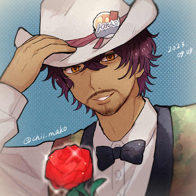 1boy, black_wings, blue_flower, blue_rose, bow, bowtie, brown_eyes, brown_hair