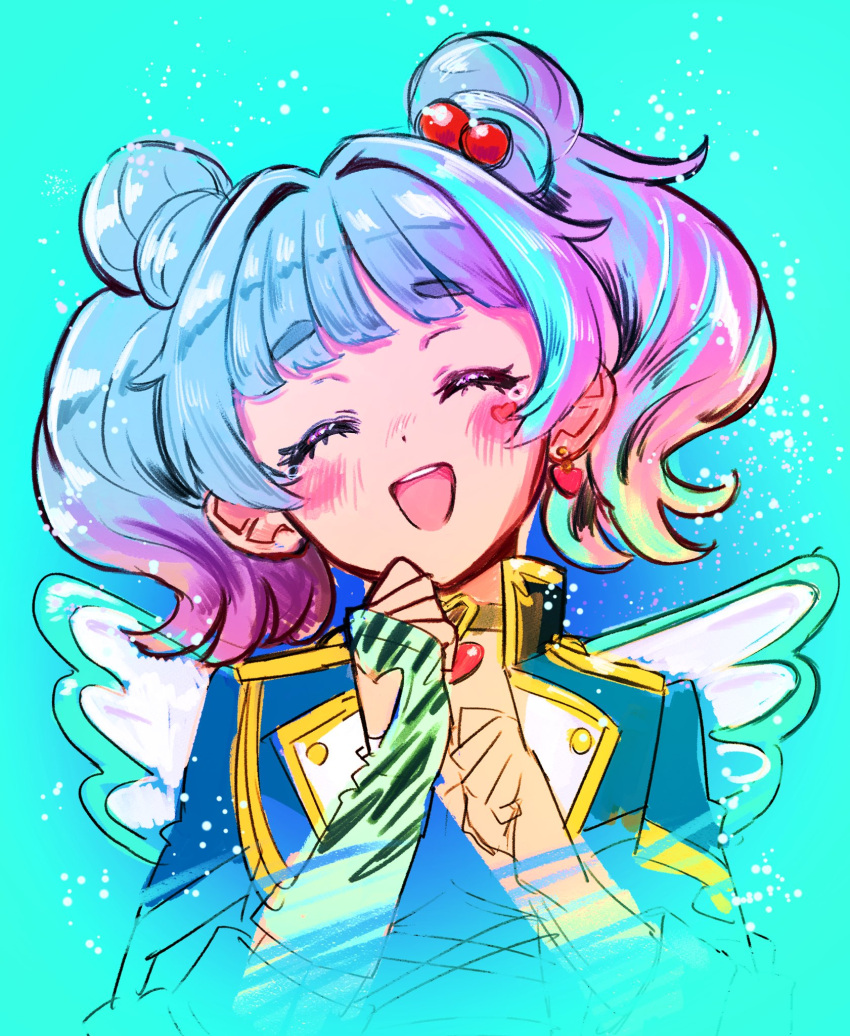 1girl, :d, ^_^, black_choker, blue_background, blue_hair, blue_jacket, blunt_bangs, blush, choker, closed_eyes, cropped_torso, denonbu, double_bun, facing_viewer, fingerless_gloves, gloves, grey_hair, hair_bobbles, hair_bun, hair_ornament, hands_up, happy, happy_tears, highres, jacket, long_hair, multicolored_hair, open_mouth, shoji_momoko, smile, solo, streaked_hair, tearing_up, tears, twintails, upper_body, wanowanoji67, white_wings, wings