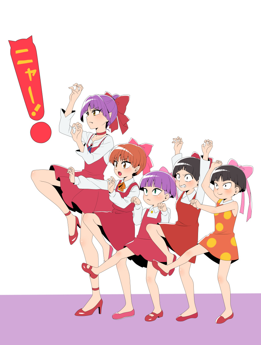 5girls, :3, absurdres, arms_up, black_hair, bob_cut, bow, brown_eyes