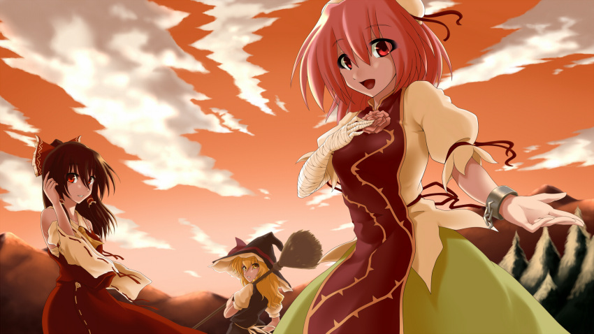 3girls, adjusting_hair, akudato, ascot, bandaged_arm, bandages, bare_shoulders, black_headwear