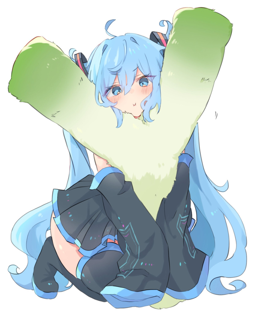 1girl, :t, ahoge, blue_eyes, blue_hair, blue_trim, blush, boots, detached_sleeves, hair_between_eyes, hair_intakes, hatsune_miku, highres, hugging_object, long_hair, looking_at_viewer, nekonika_(e102k), pout, sitting, sleeves_past_fingers, sleeves_past_wrists, spring_onion, stuffed_spring_onion, thick_thighs, thigh_boots, thighs, v-shaped_eyebrows, vocaloid, white_background