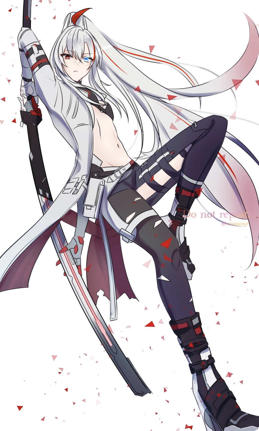 1girl, absurdres, alpha_(punishing:_gray_raven), black_bra, black_leggings, blue_eyes, bra, gradient_hair