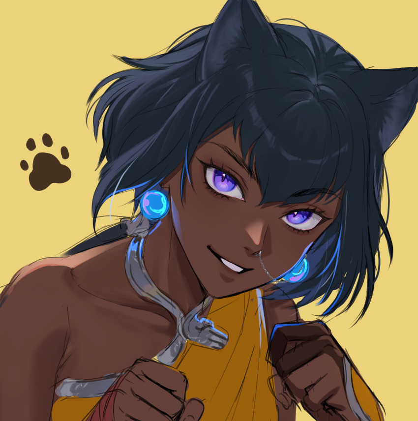 1girl, animal_ears, bare_shoulders, black_hair, blue_eyes, cat_ears, cat_girl, clenched_hands