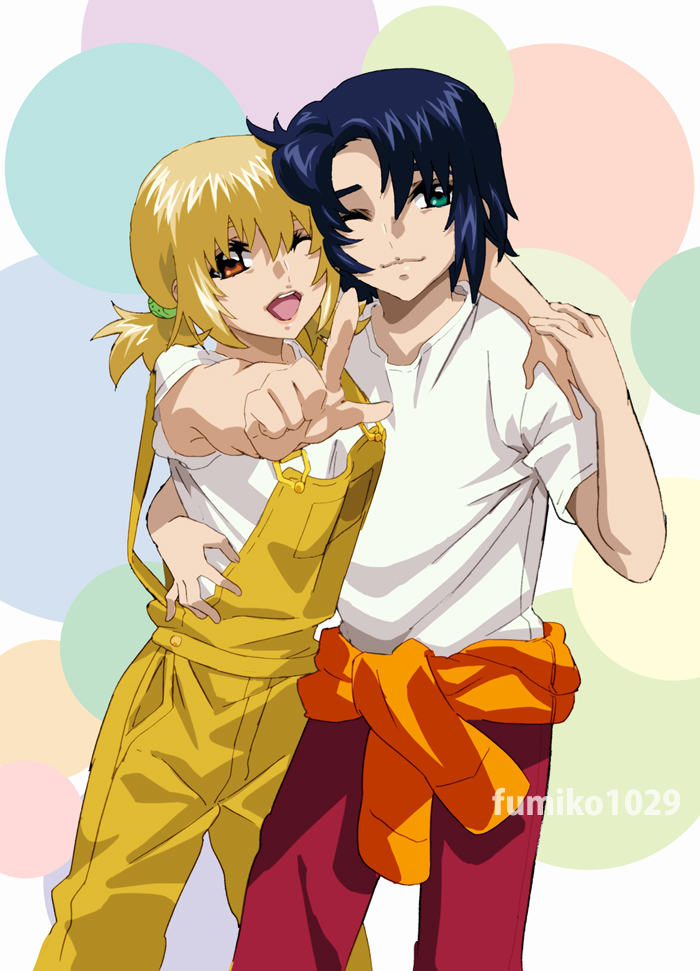 1boy, 1girl, arm_around_neck, arm_around_waist, artist_name, athrun_zala, blonde_hair, blue_hair
