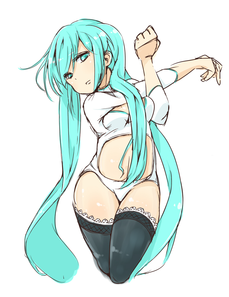 aqua_eyes, aqua_hair, center_opening, hatsune_miku, lace, lace-trimmed_thighhighs, long_hair, simple_background