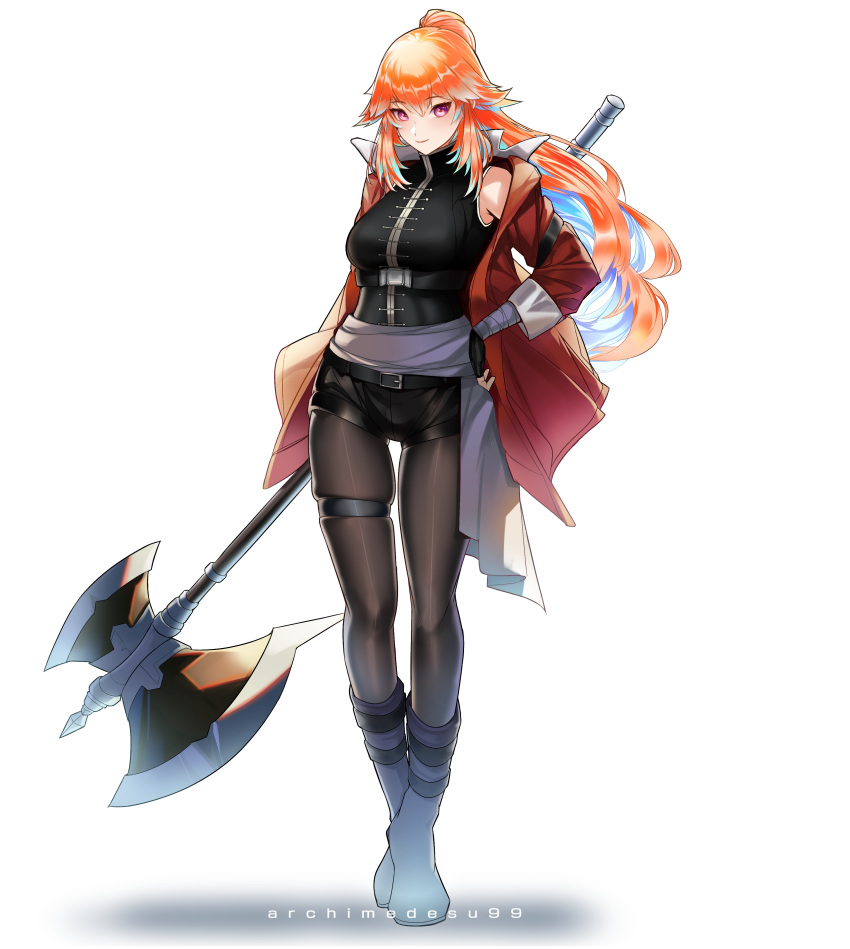 1girl, absurdres, alternate_costume, archimedesu99, artist_name, axe, battle_axe, cosplay