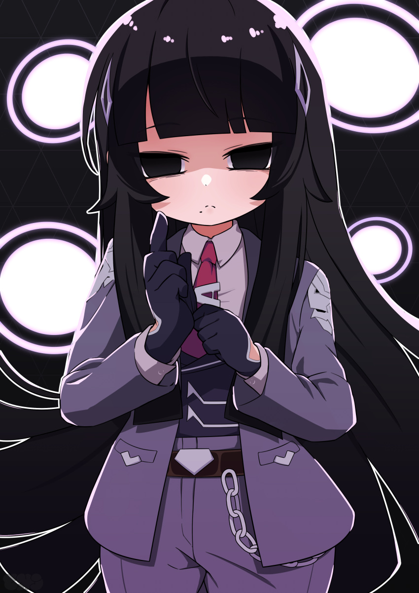 1girl, :<, absurdres, adjusting_clothes, adjusting_gloves, black_background, black_gloves, black_hair