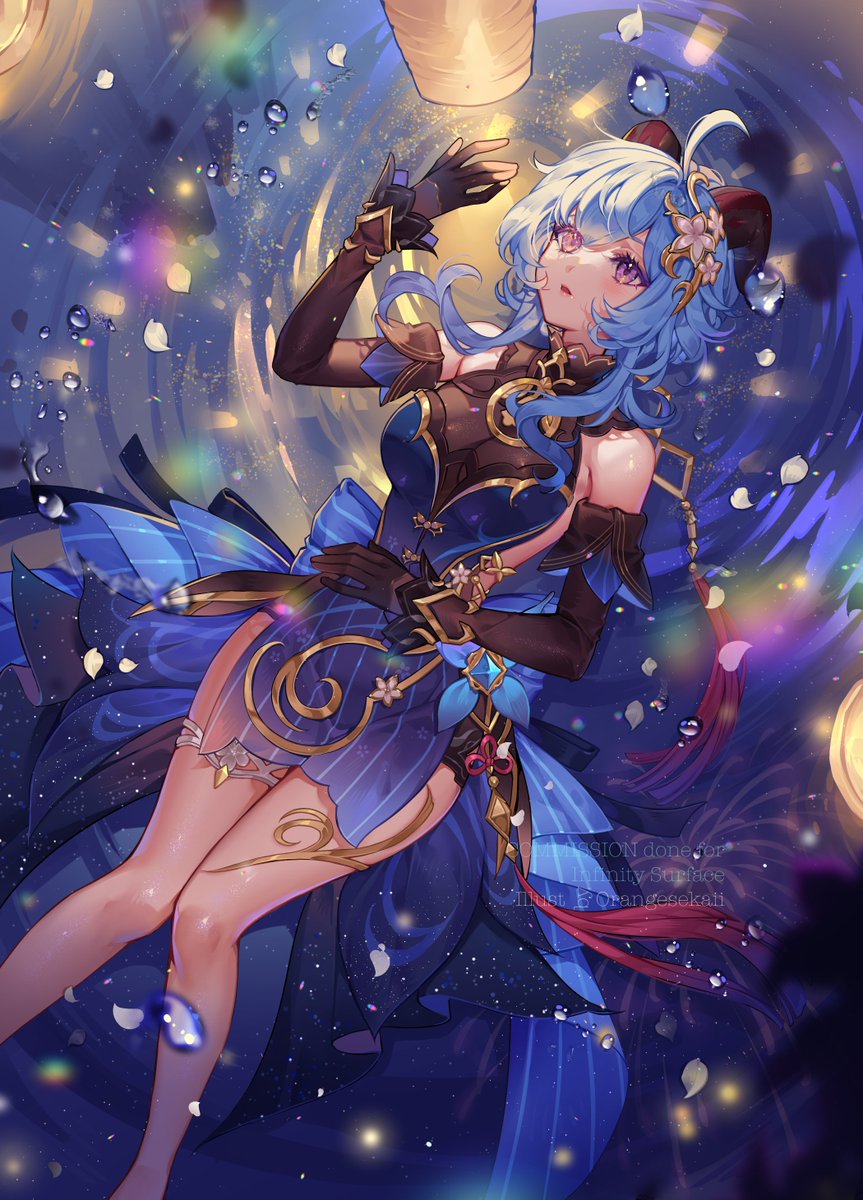 1girl, ahoge, arm_up, artist_name, back_bow, bare_shoulders, black_gloves, blue_bow