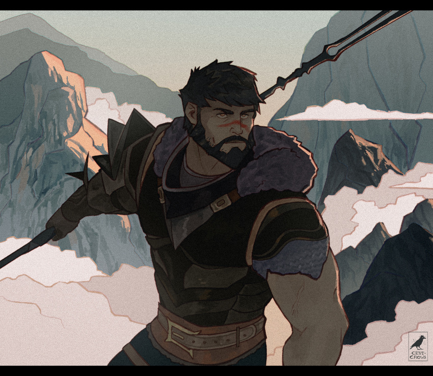 1boy, absurdres, armor, beard, black_hair, ceviofcrows, cowboy_shot, day