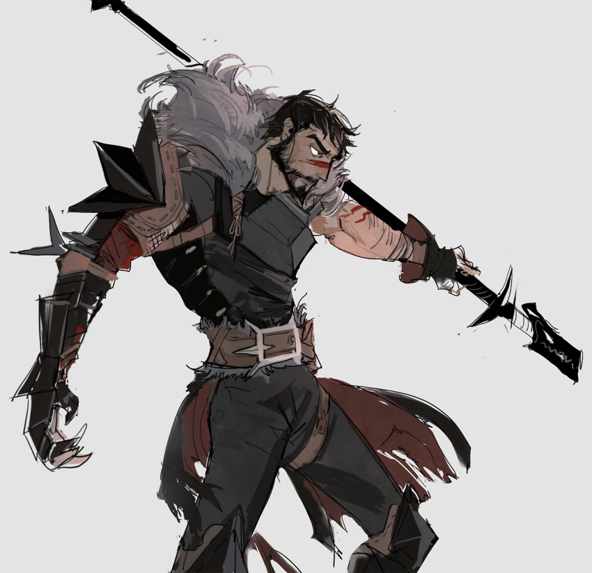 1boy, arm_hair, arm_tattoo, armor, beard, black_hair, cowboy_shot, dragon_age, dragon_age_2, facial_hair, facial_mark, full_beard, fur-trimmed_armor, fur_trim, garrett_hawke, grey_background, highres, holding, holding_staff, male_focus, pepepegle, short_hair, simple_background, solo, staff, tattoo
