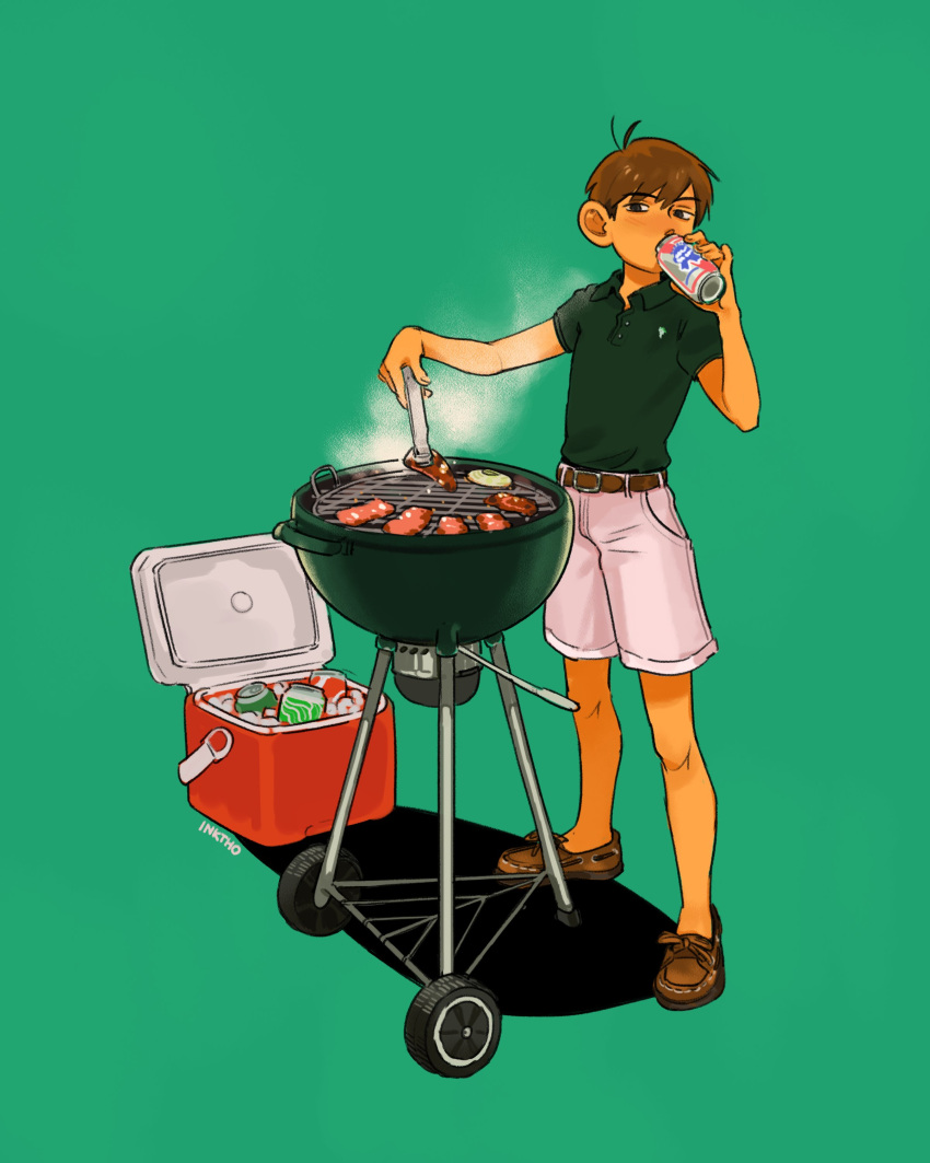 1boy, absurdres, artist_name, beer_can, brown_footwear, brown_hair, can, chilchuck_tims, cooking, cooler, drink_can, dungeon_meshi, food, full_body, green_background, green_shirt, grill, grilling, highres, holding, holding_can, holding_tongs, katy_ho, male_focus, meat, pabst_blue_ribbon, shadow, shirt, short_hair, short_sleeves, shorts, solo, tongs, very_short_hair, white_shorts