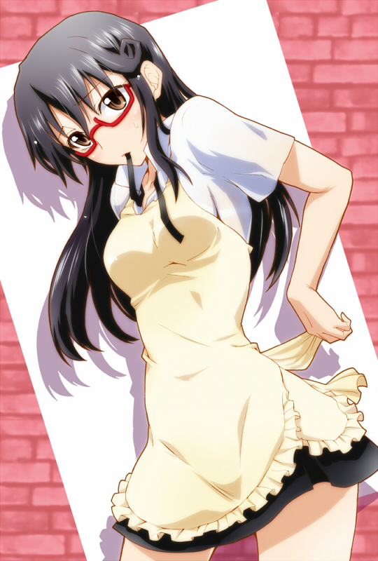 black_hair, brown_eyes, glasses, long_hair, matsumoto_maya, mouth_hold, segami_daisuke, solo